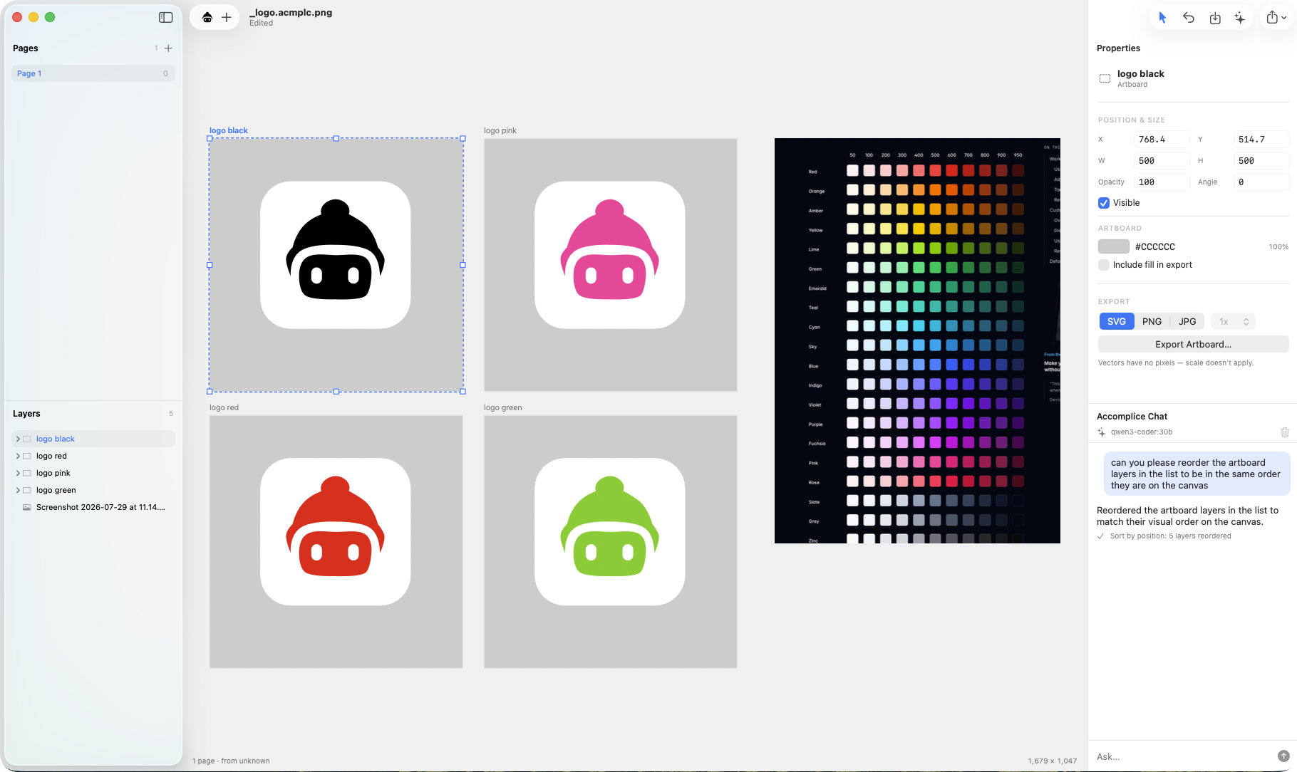 Sketchyworks on a Mac: four artboards of a beanie-wearing robot logo in different colors, with the layer list, properties panel and built-in chat.